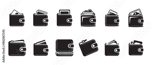 Leather wallet icons featuring credit cards banknotes and coins in various styles for mobile apps