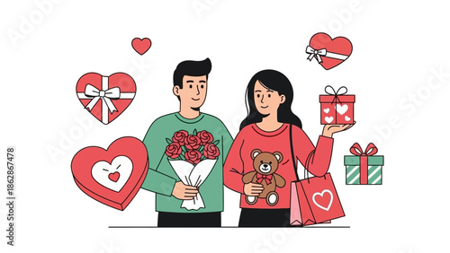 Couple Celebrating Valentine's Day with Gifts and Flowers