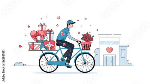 Courier delivering gifts on bicycle with heart decorations