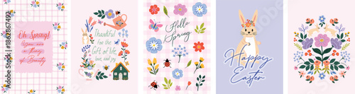 Spring and Easter poster set of cute bunnies, flowers, butterflies, gingham backgrounds, and positive quotes. Ideal for kids rooms, nursery decor, greeting cards, posters, invitations, planners
