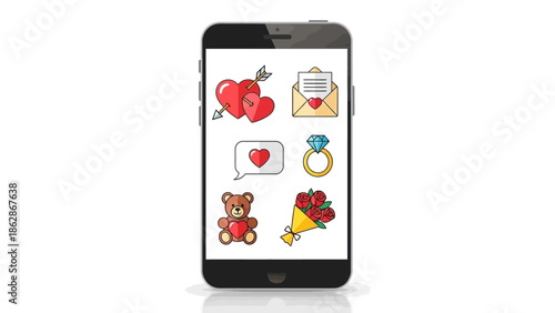 Smartphone displaying romantic icons like hearts and engagement ring