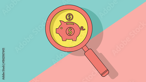 Financial analysis concept featuring magnifying glass focusing on piggy bank and dollar coins for savings research, investment audit, and banking.