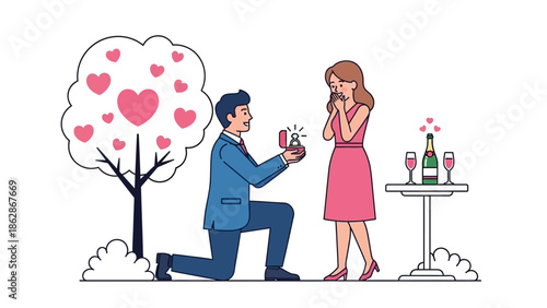 Man proposing to woman in romantic outdoor setting with champagne