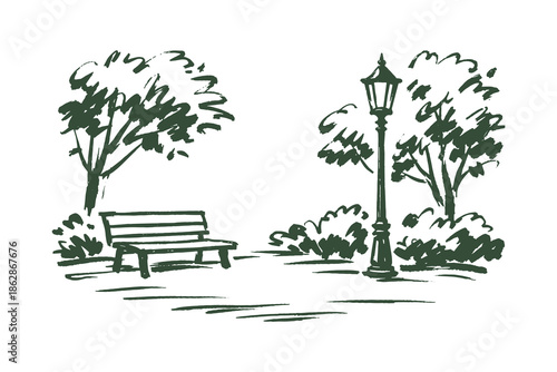 Park bench street lamp ink sketch vector illustration
