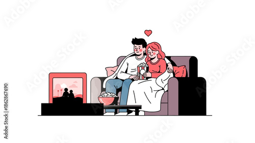 Couple Enjoying Movie Night on Sofa with Popcorn and Drinks