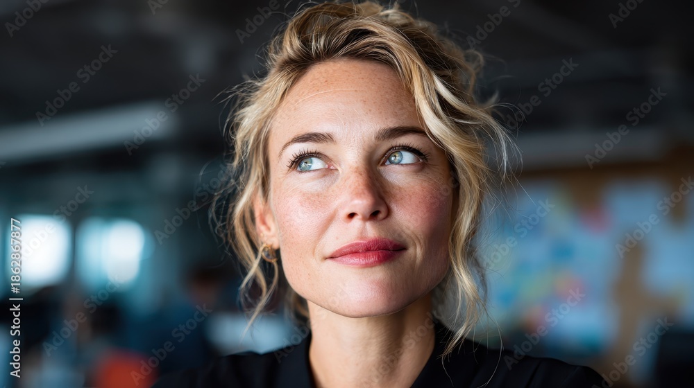 Fototapeta premium A thoughtful woman with a light smirk reflects on ideas in a contemporary workspace, embodying elegance, intelligence, and the modern work environment through her gaze.