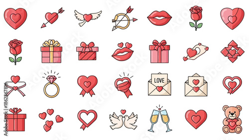 Collection of Romantic Love Icons with Hearts and Roses