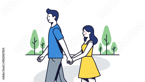 Illustration of a couple walking hand in hand in a park