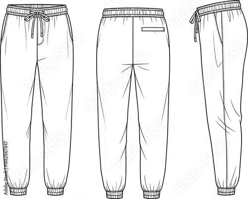 Men's joggers technical sketch vector illustration featuring front back and side views for apparel design mockup and casual sweatpants template.