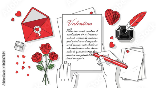 Romantic Valentine Card Design with Roses and Love Letter Elements