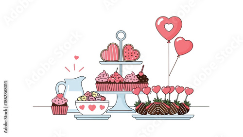 Valentine's Day dessert table with cupcakes and heart balloons
