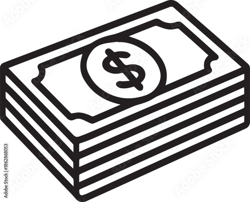 A monochrome illustration of a neat stack of US dollar bills, symbolizing wealth, financial concepts, and the power of money.