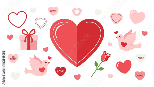 Romantic Valentine's Day Elements with Hearts and Doves