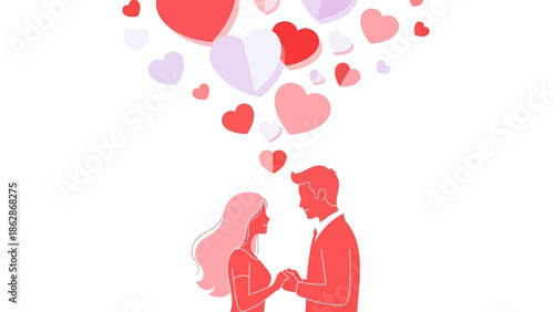 Romantic couple holding hands with heart shapes in the air