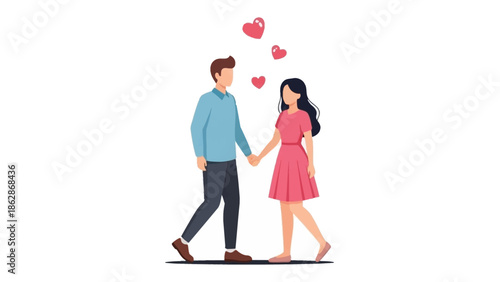 Romantic couple holding hands with floating hearts illustration