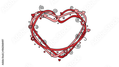 Hand-drawn heart with swirling red ribbons and small hearts