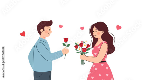Romantic couple exchanging flowers with love and affection