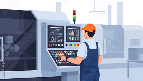 Industrial manufacturing worker expertly operates a sophisticated digital control panel, managing advanced factory machinery with precision and automation in a modern production environment