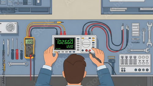 Hands-on electronics repair and testing with a digital multimeter and various tools