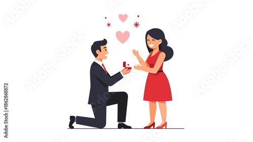 Man proposing to woman with engagement ring in romantic illustration