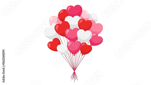 Colorful heart-shaped balloons cluster on white background