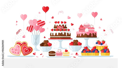 Valentine's Day dessert table with cakes, balloons, and heart decorations