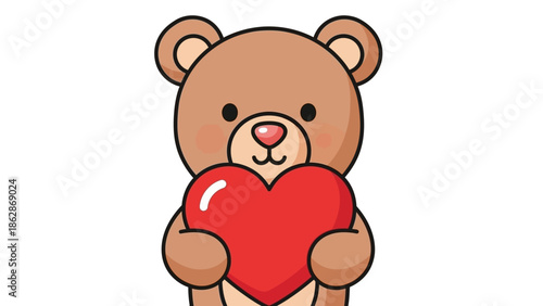 Cute cartoon teddy bear holding a red heart with a loving expression