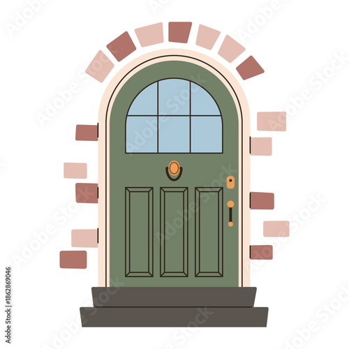 Pale green vintage front door in flat style.