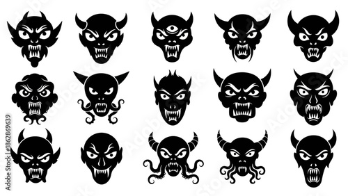 Collection of stylized devil face illustrations, showcasing diverse expressions and horn designs, perfect for halloween themes, horror concepts, and dark fantasy designs