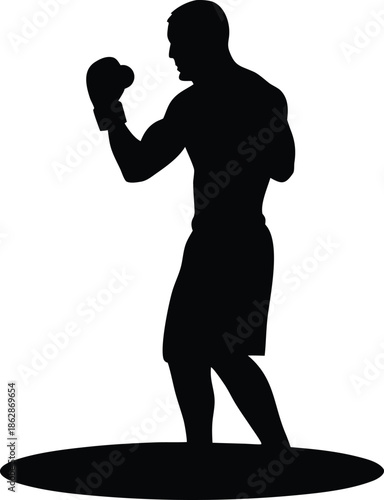 Full body silhouette of a powerful male boxer in stance wearing boxing gloves