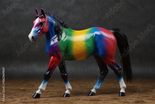 Colorful Rainbow Horse Figurine on Wooden Surface