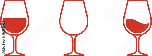 Three wine glasses with different levels of red wine