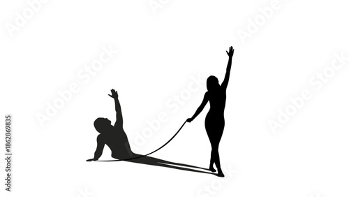 Conceptual illustration of a woman holding a leash, pulling a man lying on the ground, both silhouetted against a white background, symbolizing control, power dynamics