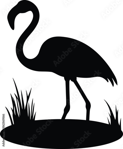Graceful flamingo bird silhouette standing poised on a small patch of ground with subtle grass details