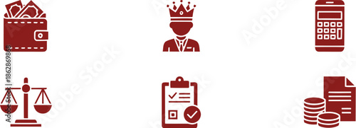Business finance icons including money, law, and documents