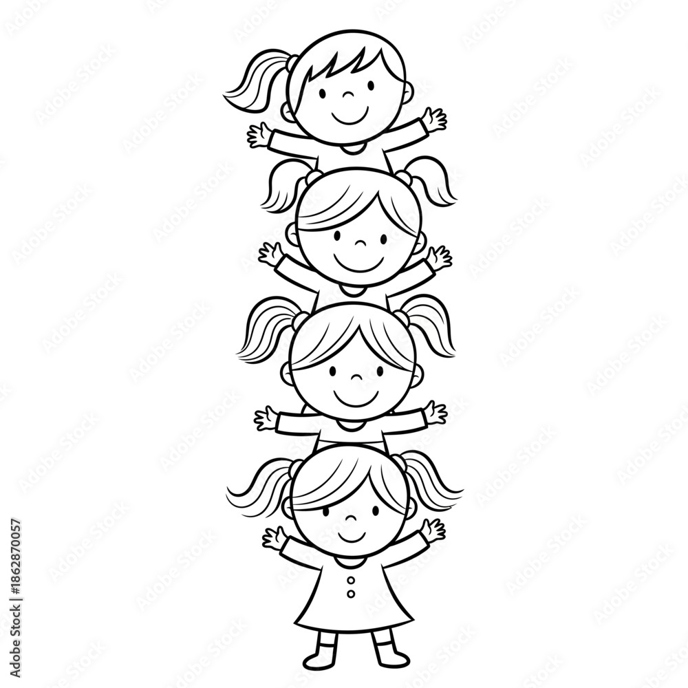 Obraz premium Vector illustration of five children stacked on top of each other, smiling and happy, in a simple line art style.