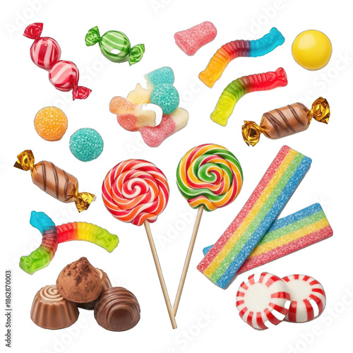 Vibrant Assortment of Confectionery Delights: Hard Candies, Gummy Worms, Lollipops, Chocolates, and Sugar-Coated Sweets, Isolated Studio Shot. PNG Isolated Transparent