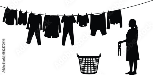 Silhouette, person, clothesline, laundry, hanging, domestic, chore, black, white, basket, clothespin, shirt, pants, shorts, drying, air, outdoor, routine, illustration, household