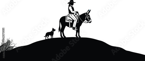 Silhouette, person, donkey, dog, hilltop, reins, hat, traditional, rural, travel, companion, black, white, quiet, observation, pastoral, saddle, rocks, bushes, illustration, moment
