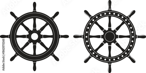 Vintage ship steering wheels in black and white nautical design