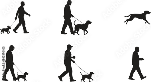 Silhouettes of people walking dogs in various poses and styles