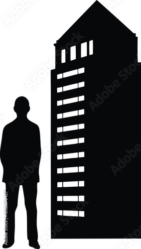 Human scale comparison with tall office building silhouette in a modern urban environment