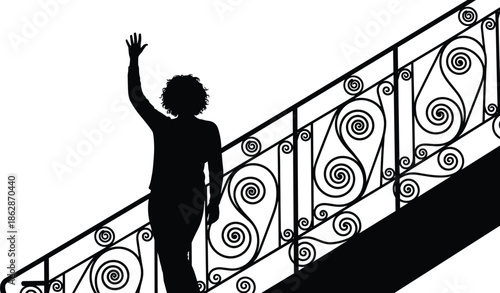 Staircase, silhouette, person, curly, hair, ornate, railing, swirl, spiral, elegant, black, white, waving, artistic, architecture, design, contrast, standing, motion, detail