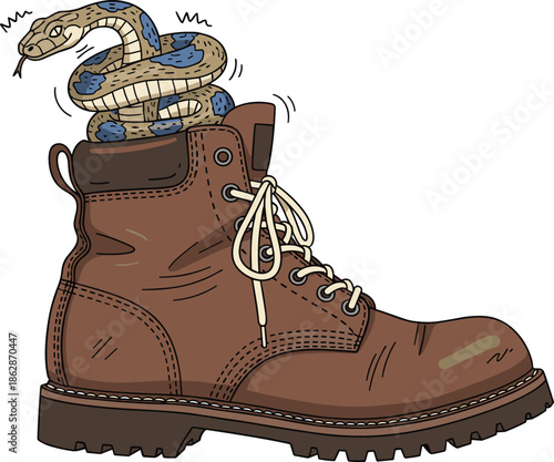 Snake in boot, dangerous surprise, hiking shoe illustration, hidden threat concept, reptile inside footwear, warning design, nature danger art