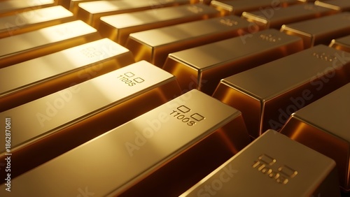 Rows of shiny gold bars with engraved weight and purity