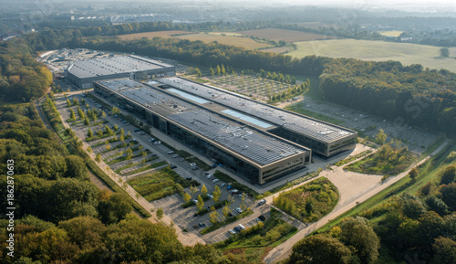 A large modern warehouse with a sleek, flat-roofed structure surrounded by landscaped greenery and parking lots, situated in a rural area