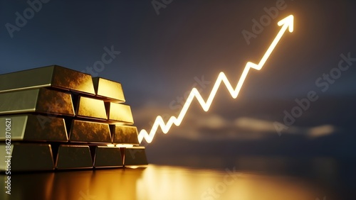 Gold bars with glowing upward arrow symbolizing financial growth