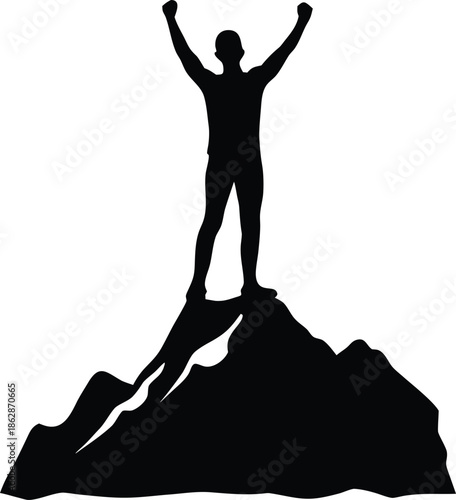 Inspired Mountain Climber Silhouette Celebrating Achievement at the Summit with Arms Upstretched