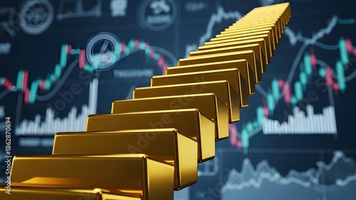 Golden staircase leading to financial graphs and stock market data
