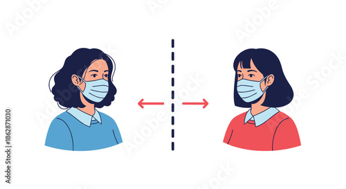 Two women in masks separated by a dashed line and arrows to emphasize physical distancing for health protection.